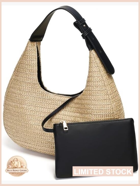 Handbags - Hobo Crescent Straw Handbag Summer Beach Tote Satchel Adjustable Strap